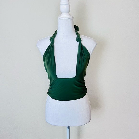 Fashion Nova Olive Green Slinky Multi-way Criss Cross Halter Cut Out Crop Top - Picture 7 of 15
